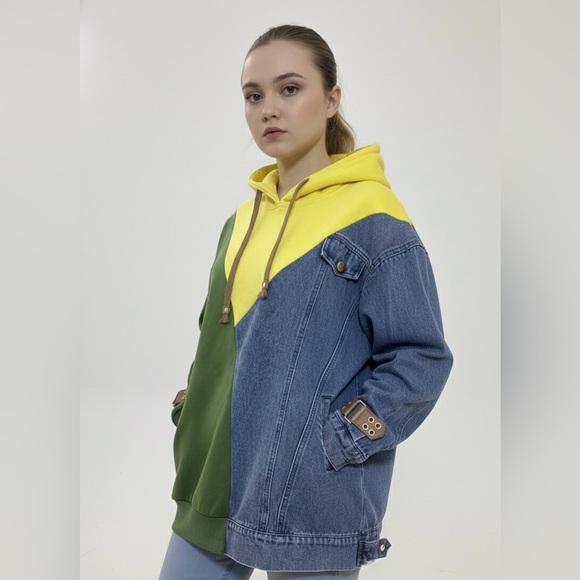 None Tops - New Colorblock Hoodie with Denim and Buckle Details